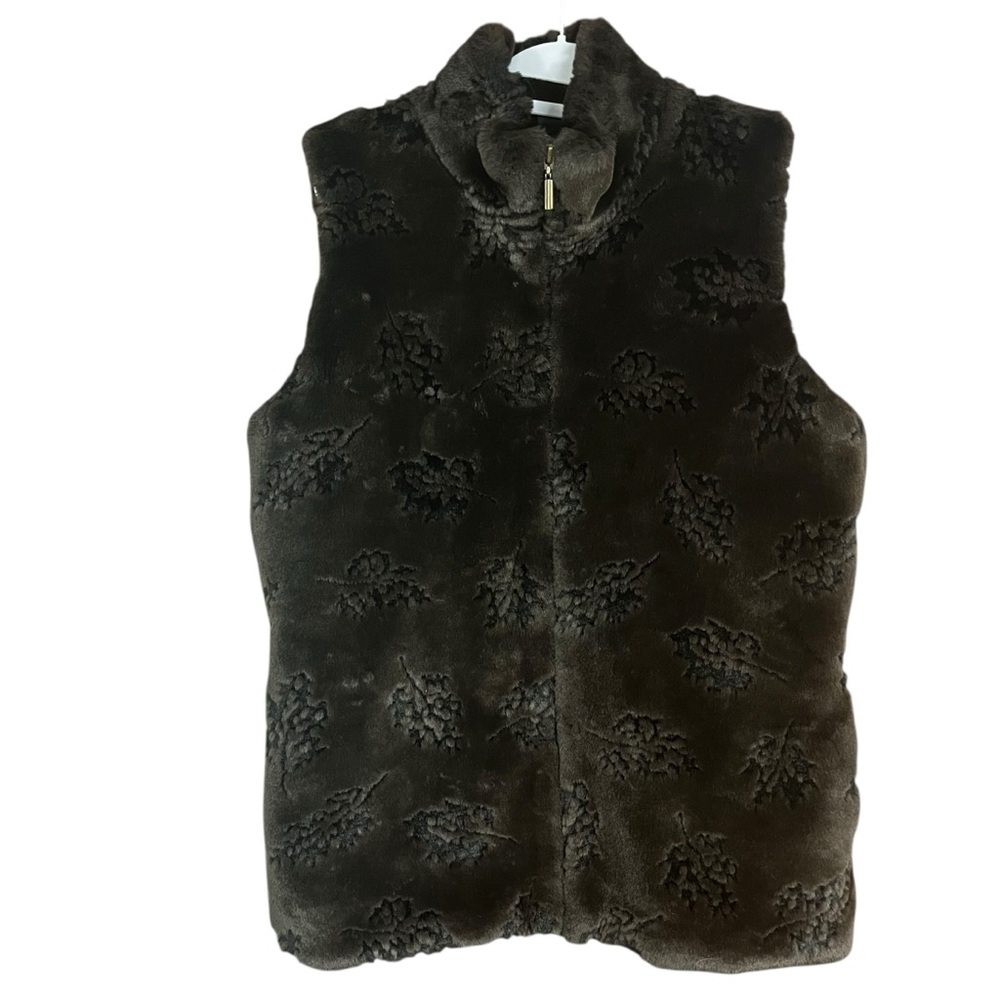 VTG Not Fur Real By Duffel Dark Brown Leaf Embossed Faux Fur Zippered Vest SZ M